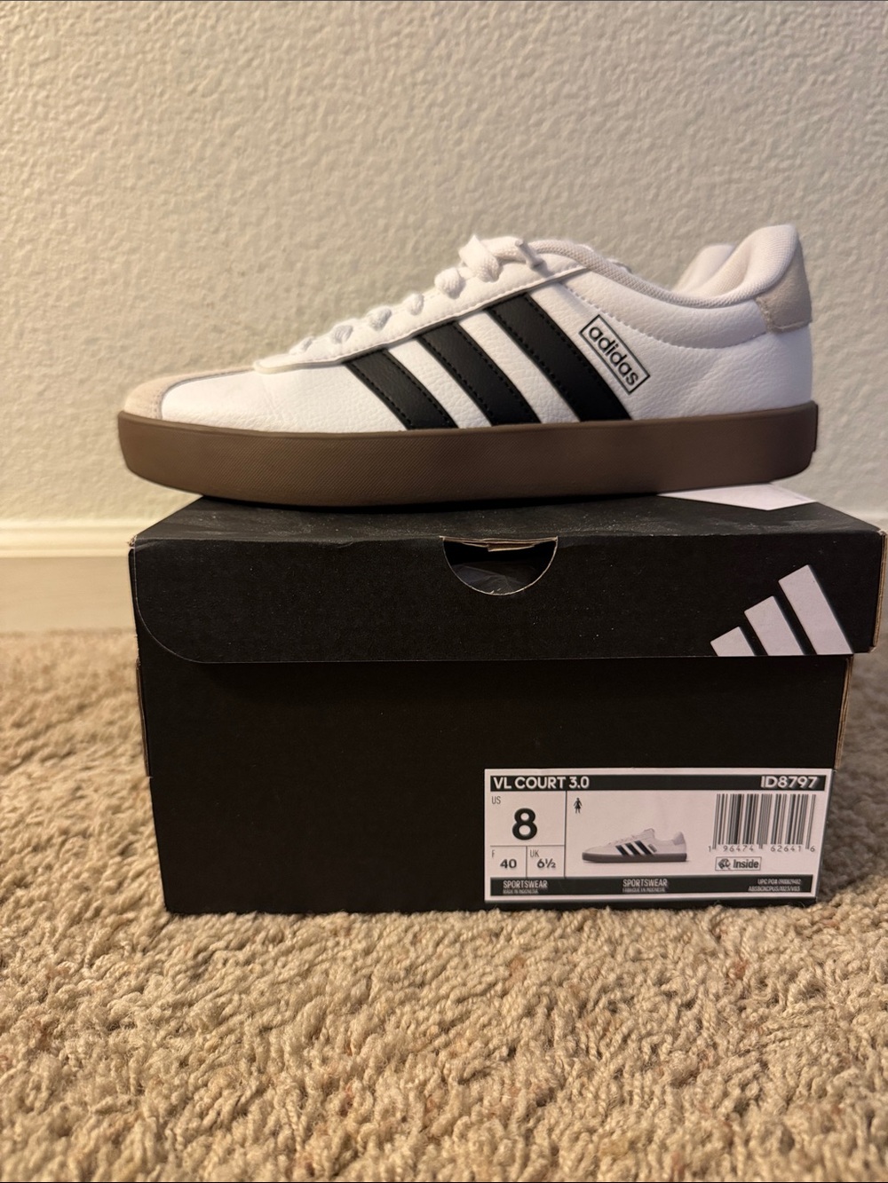 Adidas VL Court 3.0 White Sneakers with Black Stripes and Brown Sole - Picture 3 of 6